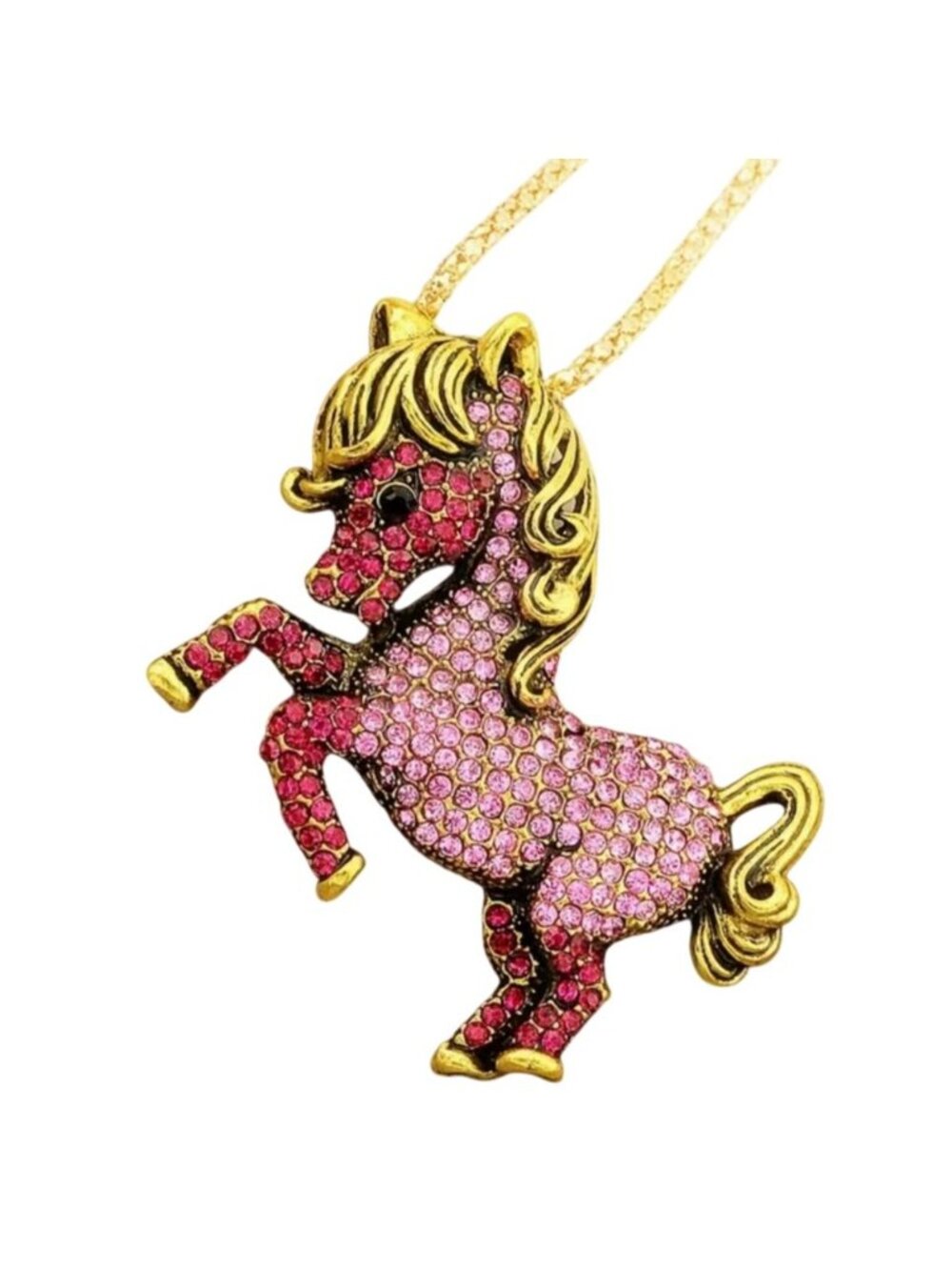 Pink Crystal Pony Horse Pendant Necklace Gold Tone
